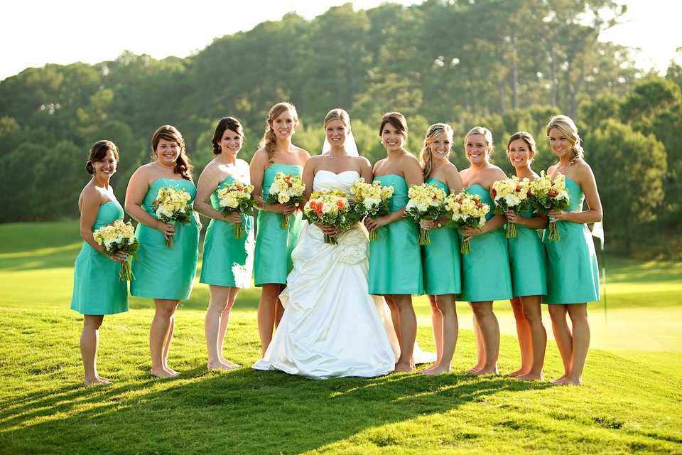 teal bridesmaid dress and golf course wedding